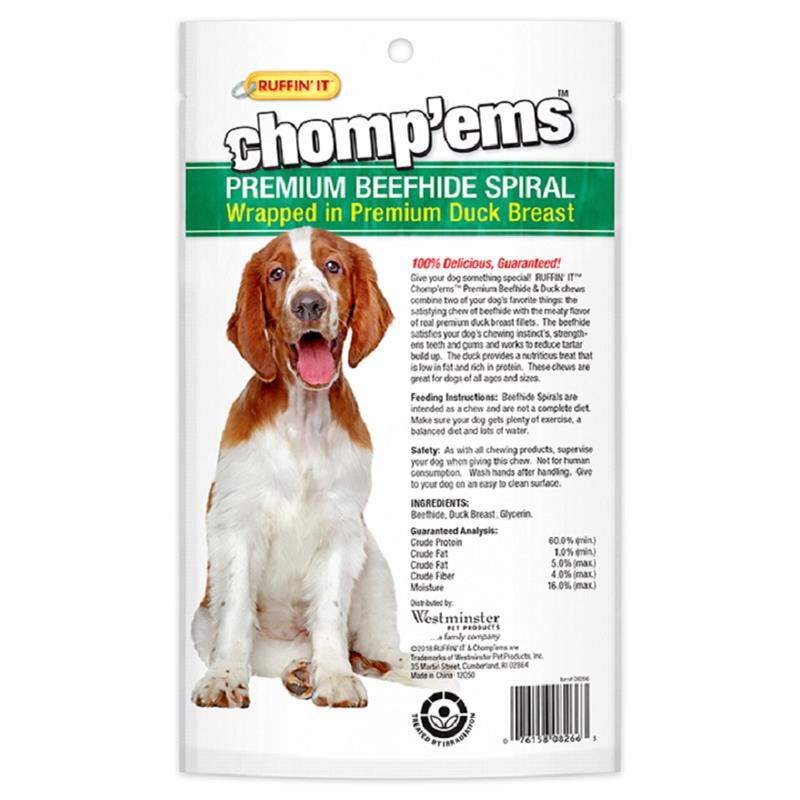 Chomp'ems 6" beefHide Spirals with Duck, 2 pack