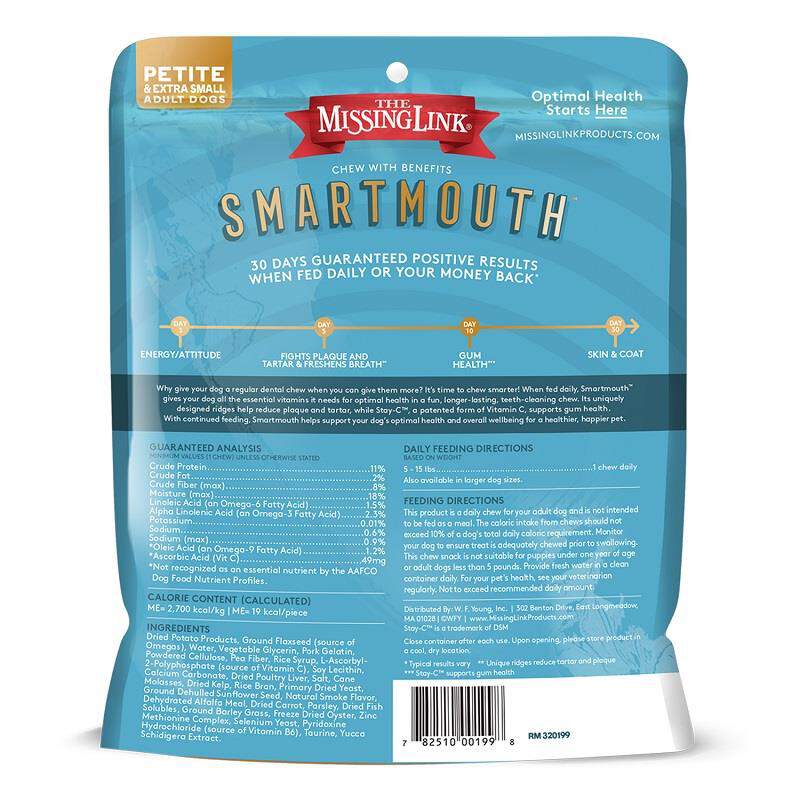 The Missing Link Smartmouth Original Dental Chews for Petite/Extra Small Dogs 5-15 lbs, 28 Ct.