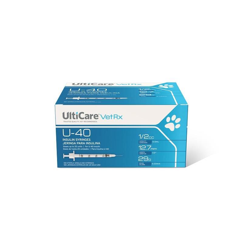 UltiCare VetRx U-40 Insulin Syringes, 0.5cc - 29G x 12.7mm (0.5"), 100ct Box
