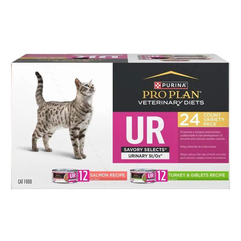 Purina Pro Plan Veterinary Diets UR Savory Selects Urinary St/Ox Turkey & Giblets / Salmon Variety Pack Adult Cat Food, 24 x 5.5 oz cans