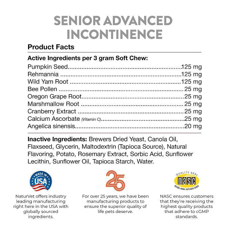 NaturVet Senior Advanced Incontinence Soft Chews Supplement for Dogs 60 Ct.