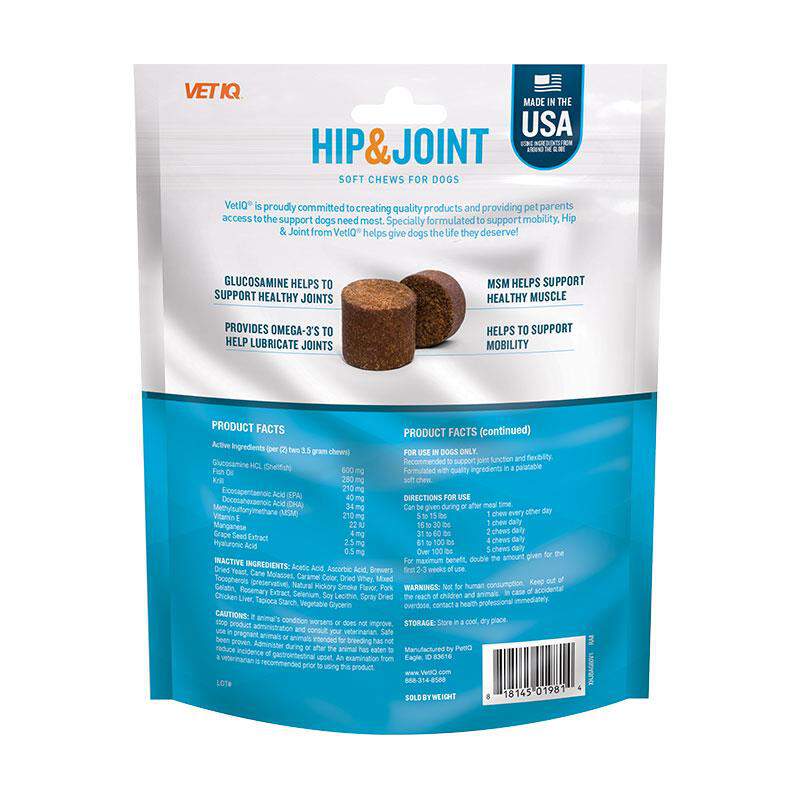 VetIQ Hip & Joint Chicken Flavored Soft Chews for Dogs, 60 ct