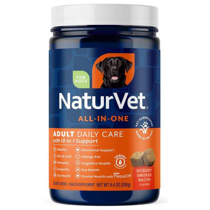 NaturVet Adult Dog Daily Care All-In-One Supplement with 10-in-1 Support, Hickory Smoked Bacon Flavor, 60 Soft Chews