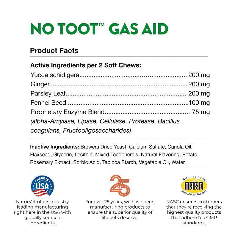 NaturVet No Toot Gas Aid Plus Fennel for Dogs, 70 Soft Chews