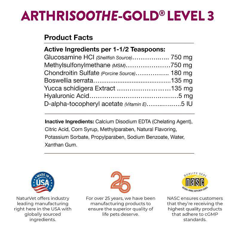NaturVet ArthriSoothe-GOLD Joint Supplement, Level 3 Advanced Care Joint Support Liquid for Dogs and Cats 32 Oz