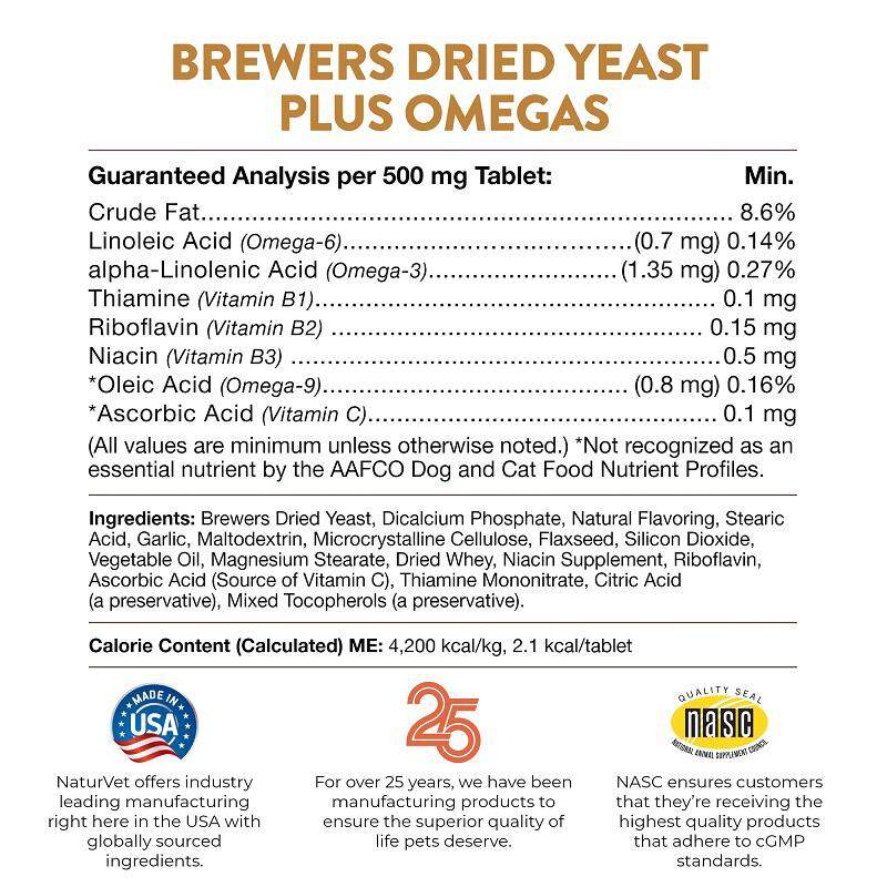 NaturVet Brewer's Dried Yeast Formula plus Omegas, 1000 Chew Tabs