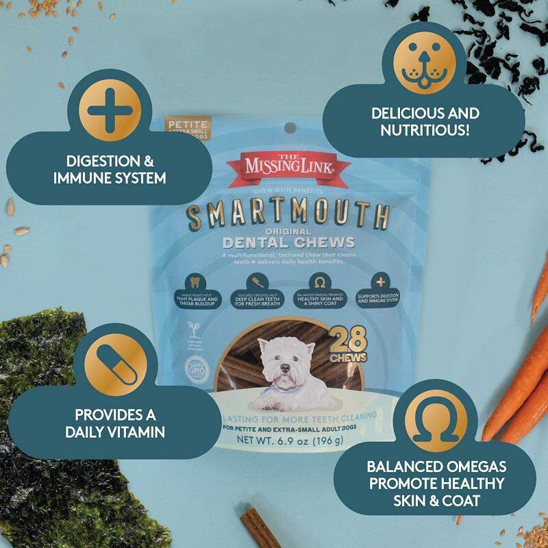 The Missing Link Smartmouth Original Dental Chews for Petite/Extra Small Dogs 5-15 lbs, 28 Ct.